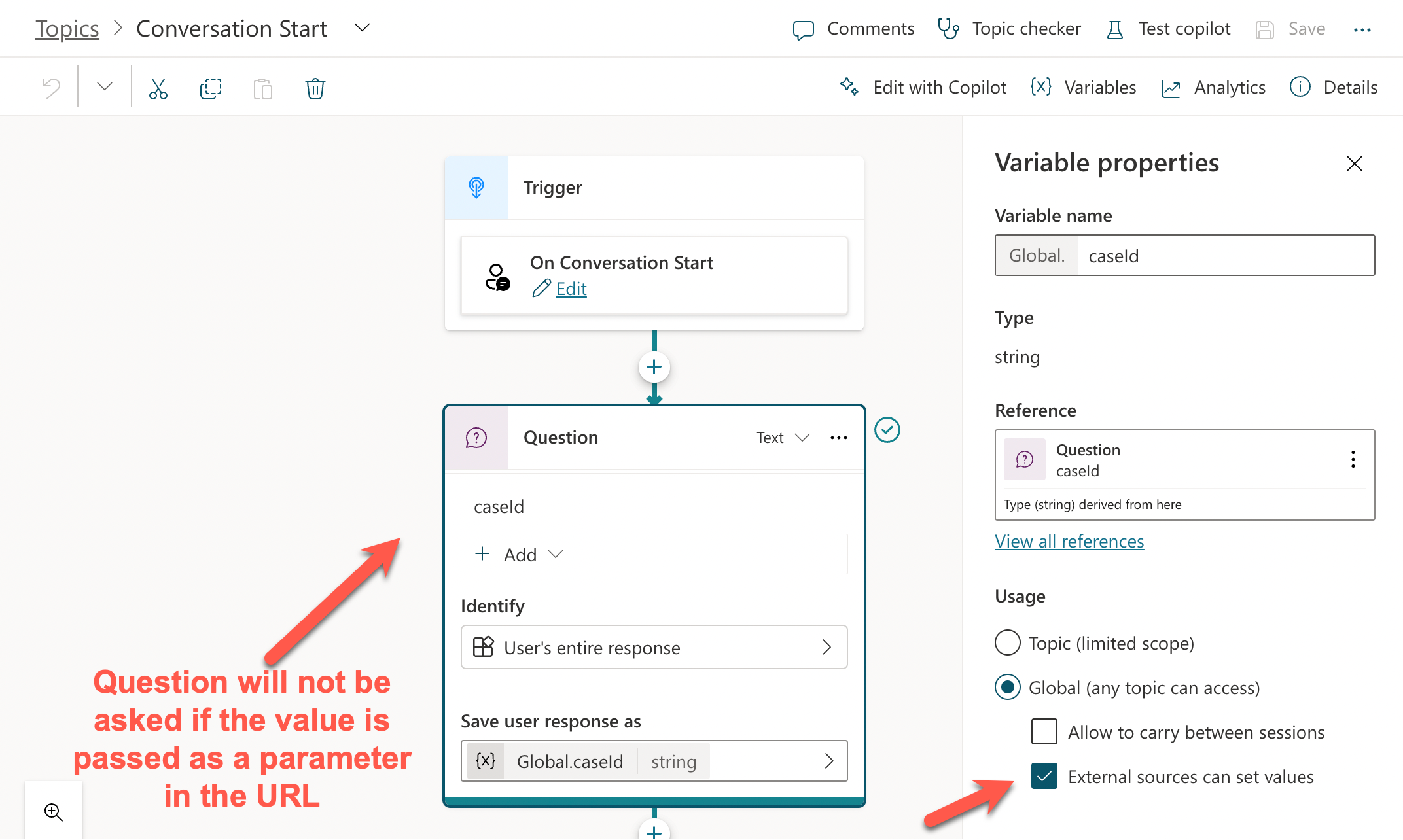 Pass Parameters to Copilot Studio Bot from Calling Site